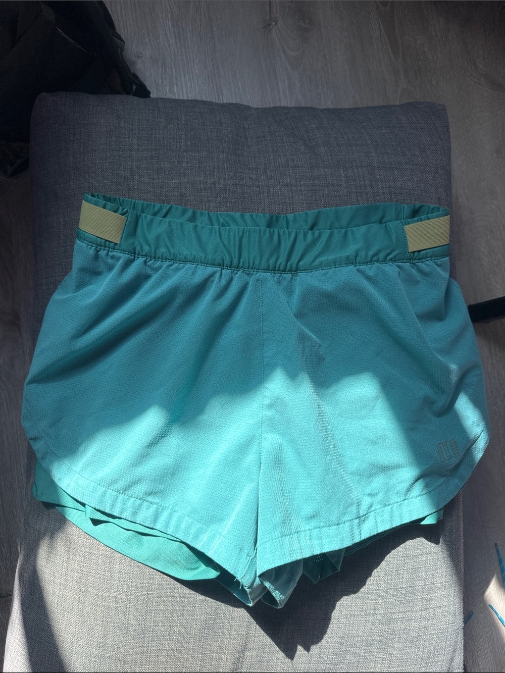 Teal Women’s Athletic Running Shorts with Olive Waist Tabs
